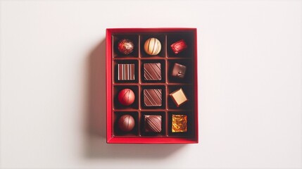 A box of red chocolates lies on a white background.