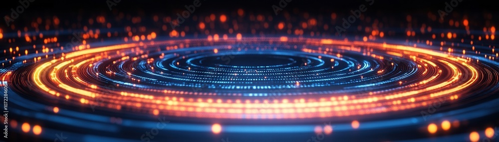 Poster an abstract circular design with glowing blue and orange lights creating a mesmerizing visual effect