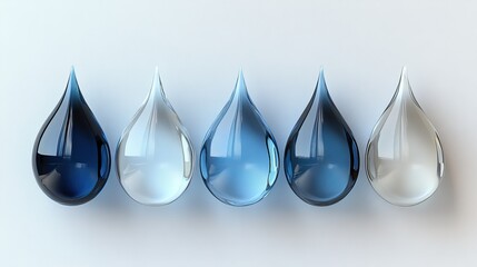 Five water drops in shades of blue, arranged in a row on a white background.