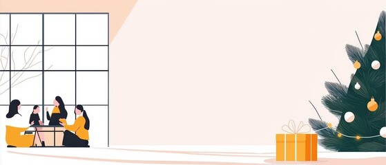 Business team brainstorming seasonal promotion ideas with festive decor in the office