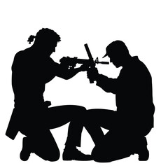 Naklejka premium A vector silhouette of a man kneeling and aiming a gun, facing another man who is also aiming back in a tense standoff