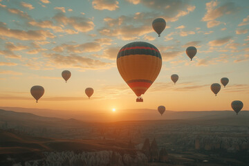 Hot air balloon is flying in the sky with other hot air balloons