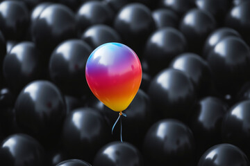 Balloon is floating in the air above a pile of black balls