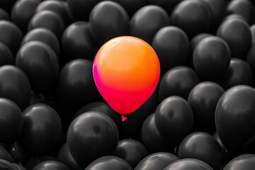 Single orange balloon is in the middle of a bunch of black balloons. The balloon is the only one that is not black
