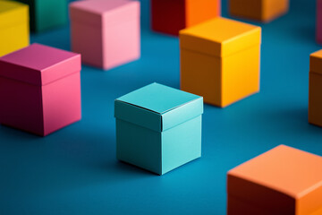 Blue box is in the middle of a row of boxes. The boxes are of different colors