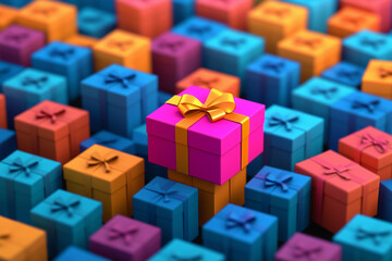 Pink box with a bow on top of a stack of other boxes. The boxes are of different colors and sizes