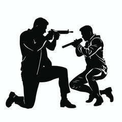 Naklejka premium A vector silhouette of a man kneeling and aiming a gun, facing another man who is also aiming back in a tense standoff