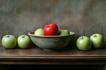 Bowl of apples with one red apple and four green apples. The bowl is on a table