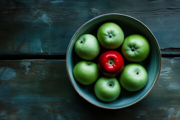 Bowl of apples with one red apple in the middle. There are six green apples surrounding the red apple