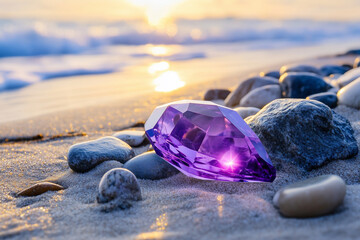 Purple gemstone is on the beach. It is surrounded by rocks. The beach is near the ocean