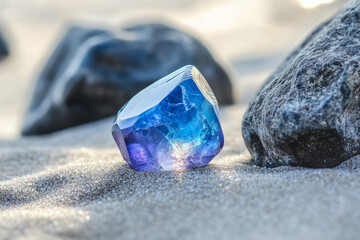Blue crystal is on the sand. It is surrounded by rocks. The rocks are grey and black