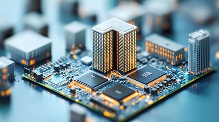 Obraz premium A futuristic circuit board featuring a cityscape with illuminated buildings.