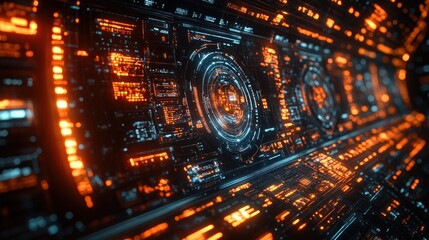 Obraz premium Futuristic digital landscape with glowing circuits and patterns.