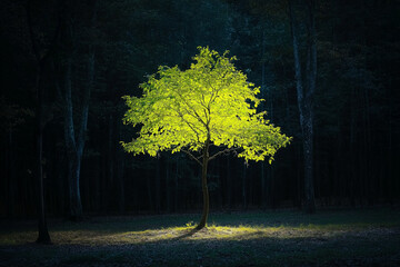 Tree is lit up in the dark. The tree is in a forest