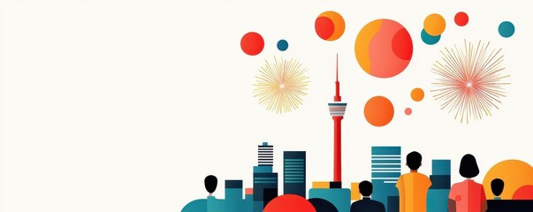 Obraz premium Colorful City Skyline with Spectacular Fireworks Display, Modern Architecture, People Silhouettes, and Vibrant Circular Elements in a Festive Atmosphere