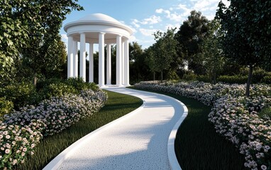 Obraz premium Garden filled with vibrant seasonal flowers, with a winding pathway leading to a gazebo