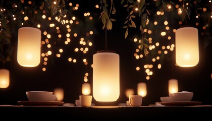 Garden party scene with a mix of glowing lanterns and delicate tea lights scattered across tables