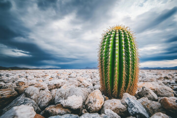 Cactus is standing on a rocky surface. The cactus is green and has a spiky appearance
