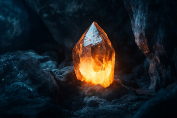 Small orange crystal is lit up. It is sitting on a rock. The rock is dark and the crystal is bright