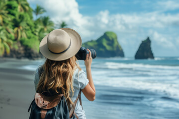 Joyful traveler captures stunning coastal views in a tropical paradise