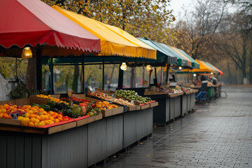 Row of fruit stands with umbrellas over them