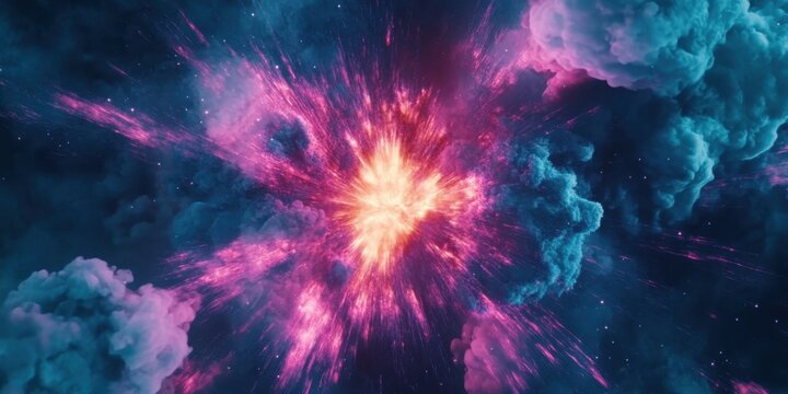 Ultra HD macro shot of neon fuchsia, brilliant teal, and electric amber smoke explosion, overhead camera angle looking down, deep void background