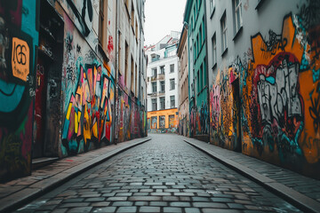 Graffiti covered alleyway with a cobblestone street. The alleyway is lined with colorful graffiti on the walls
