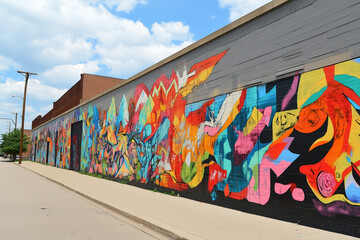 Wall with a mural of a dragon on it. The mural is colorful and has a lot of detail