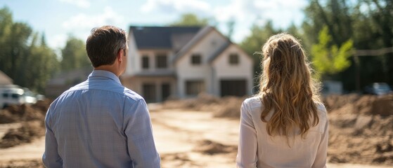 A couple looks at their new home under construction, smiling at the future.