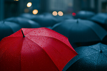 Red umbrella is in the middle of a group of umbrellas