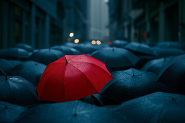 Red umbrella is in the middle of a group of black umbrellas. The red umbrella is the only one that is not black