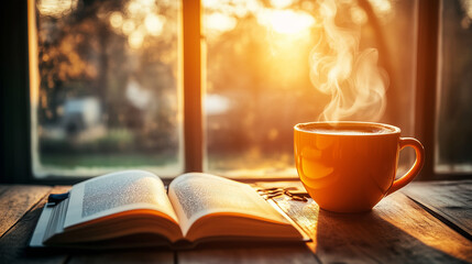 Coffee cup with aromatic steam on a wooden table, next to a book and a notebook, in the background you can see a cozy cafe with light streaming through the window