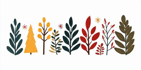 Obraz premium Colorful Collection of Hand-Drawn Trees and Foliage Illustrations, Perfect for Nature-Themed Projects, Cards, and Backgrounds, Shows Unique Leaf Designs