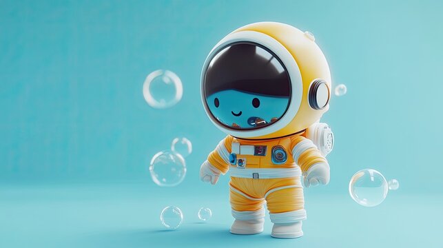 A cute cartoon astronaut in a yellow spacesuit with a big smile stands on a blue background with soap bubbles.