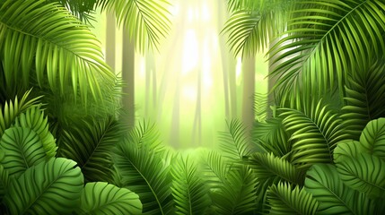 Obraz premium Tropical plants framing background with green leaves and bright sunlight