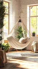 Fototapeta premium Cozy Living Room with Hammock and Plants