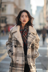 Fototapeta premium A young woman walks down a city street wearing a warm, plaid coat and a red scarf