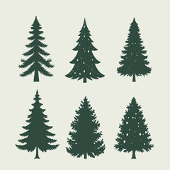 six different types of Christmas trees. All the trees are green in color and have a simple, minimalist design