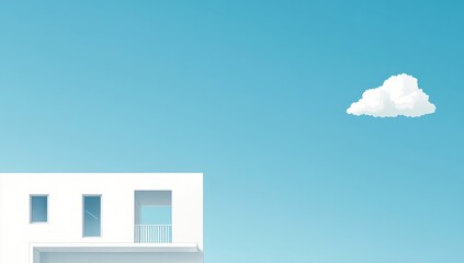 A Minimalist White Building with a Balcony and Windows Against a Clear Blue Sky with a Single Cloud