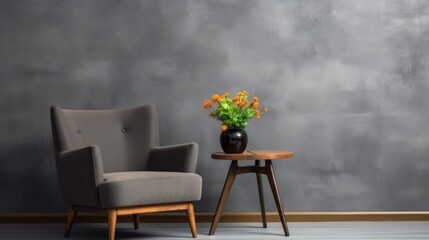 interior design concept armchair with gray upholstery coffee table with wooden surface on gray wall background vase with plant on table