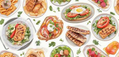 Seamless pattern of delicious meals with fresh vegetables and herbs