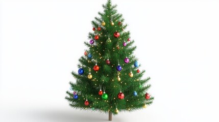 Decorated Tree with Ornaments and Lights on White Background
