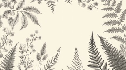 A vintage-inspired hand-drawn pattern with intricate botanical illustrations of ferns, herbs, and flowers, done in muted earthy tones