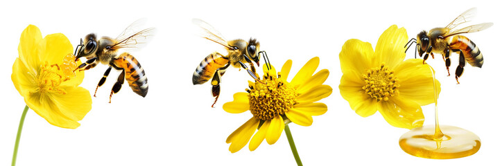 Set of A honey bee flying to a yellow flower and honey isolated on a transparent background
