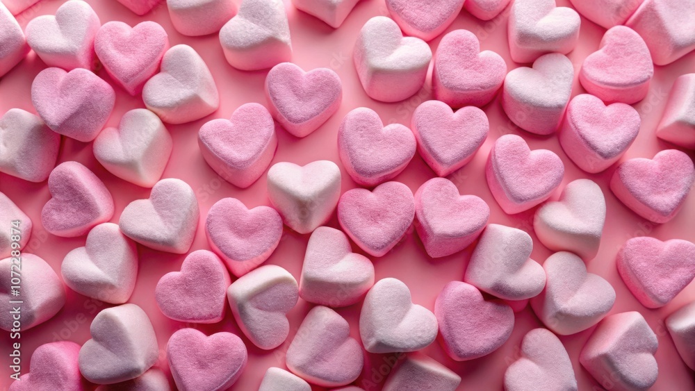 Poster a whimsical array of heart-shaped marshmallows, their soft pink hues blending into a delightful, swe