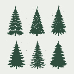 six different types of Christmas trees. All the trees are green in color and have a simple, minimalist design