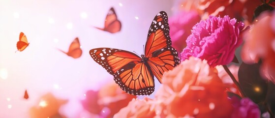 Field of wildflowers blooming in vibrant colors, with butterflies fluttering around in the warm sunlight