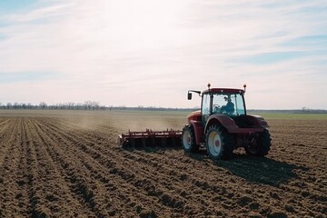 Fototapeta premium Tractor Plowing Soil in Open Farmland Under Bright Sky