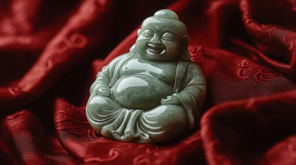 Exquisite Jade Pendant Carved in the Shape of a Laughing Buddha, Perfect for Decorative or Spiritual Purposes, Set Against a Luxurious Red Velvet Background