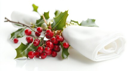 Elegant Napkin with Holly Design on White Background